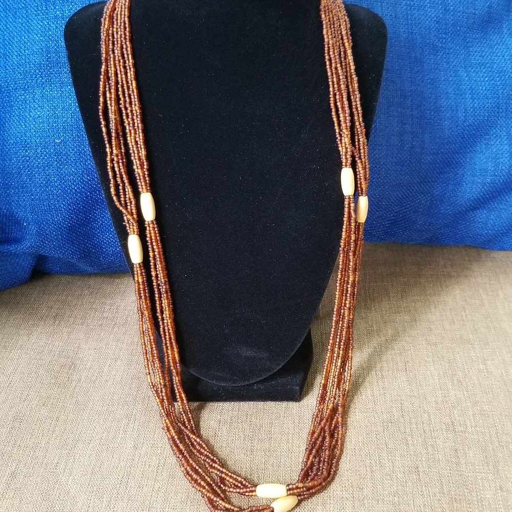Long Micro strand bead and wood  barrel Necklace